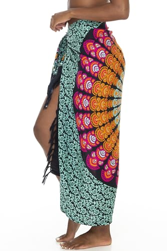SHU-SHI Sarong Wraps for Women Long Beach Cover ups Pareo Bathing Suit Wrap Skirt Mandala Sarongs Coverup - color: Black/Tosca/Orange