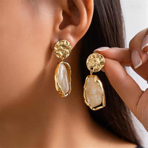 Irregular Crystal Dangle Earrings,Vintage Baroque Pearl Stud Melted Liquid Metal Wrinkle Drop Earring Geometric Statement Earrings for Women - color: White