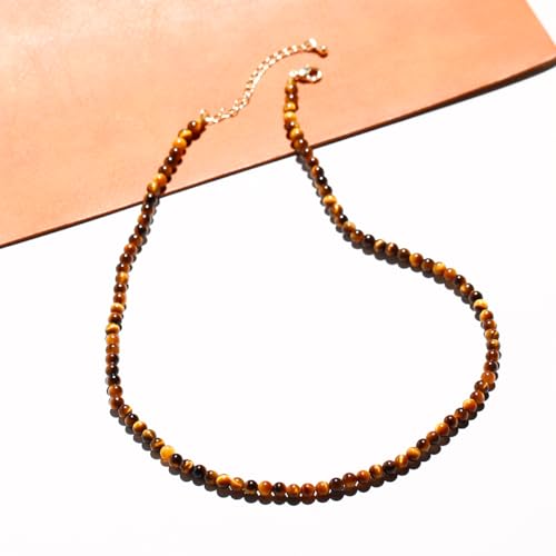 Simple Choker Necklace for Women Real Stone and Crystals Necklaces 4mm Beaded Choker Jewelry Meditation Gift for Women (16"+2") - style: Tiger's eye