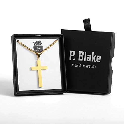 P. BLAKE Cross Necklace for Men Boys- Stainless Steel Cross Pendant with 16-24 Inches Chain Christian Religious Jewelry Gifts - size: 22 inches, style: Gold Pendant 1.7*0.9