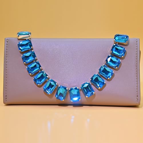 Fashionable Chunky Plated Tennis Rhinestone Statement Necklace Jewelry Set for Women Multicolor gem necklace with Great Sparkle and Shine Design for Women to Easy Match - color: lake blue square rhinestone