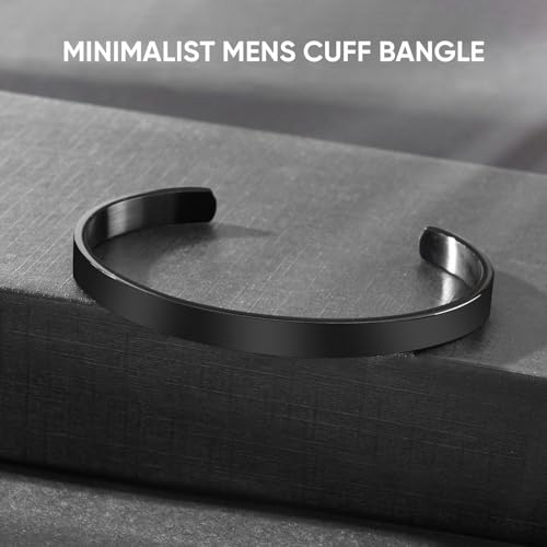 MEALGUET Stainless Steel Mens Cuff Bracelet : Minimal Cool Silver/Black/Gold Plated Open Metal Cuff Bangle Bracelets for Men,Mens Bracelet Jewelry Gift - color: Black-Single, size: Medium( fit 5.5"-7.2" wrist)