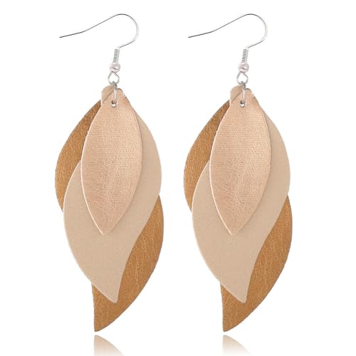 ANXIN boho unique Leather Earrings 2 Layered Lightweight Faux Leather Leaf Earrings Layered Design Drop Earrings Gift for Women - color: Style D