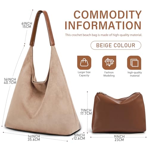 2-Piece Vegan Leather Purse Set for Women: Slouchy Hobo Shoulder Bag & Suede Tote Bag - color: Beige