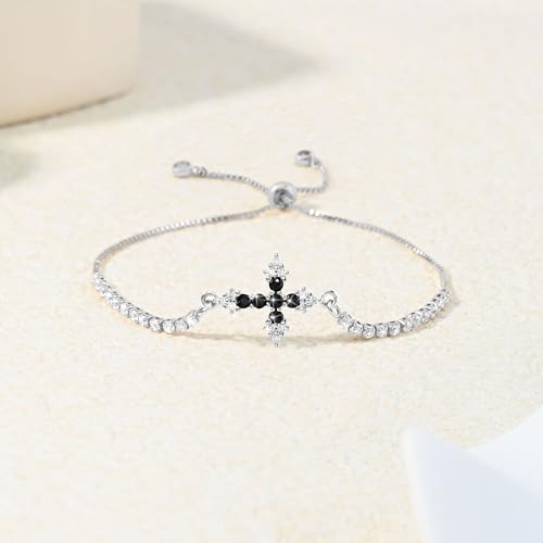 VIBILIA Bracelets for Women, Cross Bracelets for Women Trendy, Dainty Tennis Bracelet, Catholic Gift for Mom Daughter Wife Sister Friend, Communion Gift on Birthday Valentine's Day Easter Mother's Day - color: L. Silver-Black
