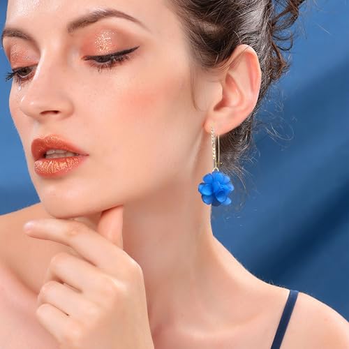 Boho Flower Dangle Earrings for Women Long Drop Resin Acrylic Tiered Petal Statement Earrings Handmade Lightweight Vintage Floral Chunky Drop Jewelry - color: Blue