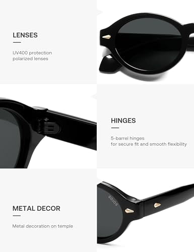 SOJOS Retro Oval Polarized Sunglasses for Women Men Chic Trendy 90s Sunnies Shades UV protection Sun Glasses SJ2630 - color: Black Frame Grey Lens