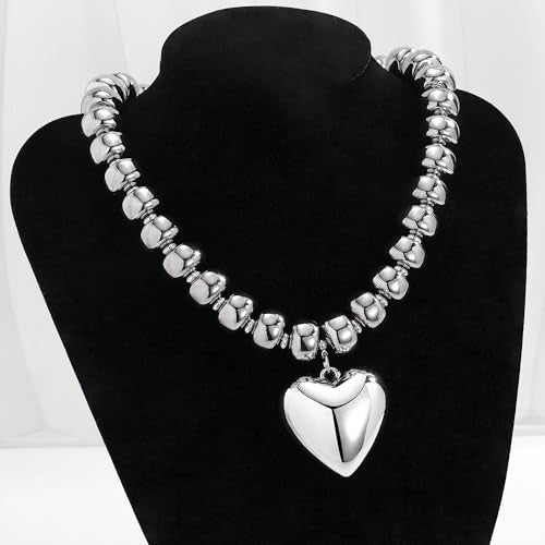 WOWORAMA Chunky Heart Necklaces for Women Colorful Resin Beaded Choker Necklace Gold Puffy Heart Statement Necklace Trendy Acrylic Choker Jewelry - color: CCB-Silver
