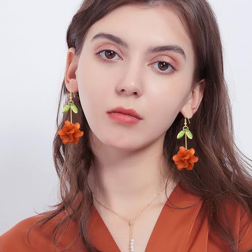 Resin Flower Cluster Ball Dangle Drop Earrings for Women Spring Summer Bohemian Floral Petal with Green Leaf Earrings Vacation Party Jewelry - color: Brown