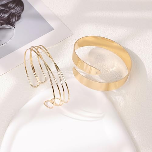 2Pcs Arm Cuff Gold Upper Arm Cuff for Women Adjustable Upper Arm Bracelets Open Irregular Arm Bangle Minimalist Coil Swirl Armlets Armband Jewelry - style: styleD gold