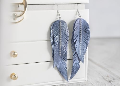 Black shiny Leather Feather Earrings for Women, Lightweight Minimal Boho Dangle Earrings, Small Simple Everyday Jewelry - color: Blue shiny