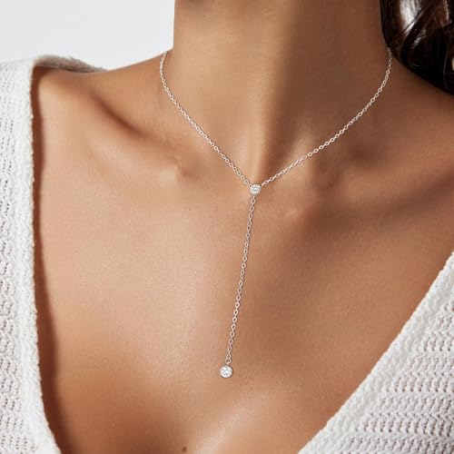 Luxval Lariat Silver Necklace for Women, Dainty Long Necklace Silver Y-Shaped Pendant Necklaces Trendy Beaded Chain Drop Necklaces Jewelry for Women Gifts - color: Silver-CZ Y Necklace