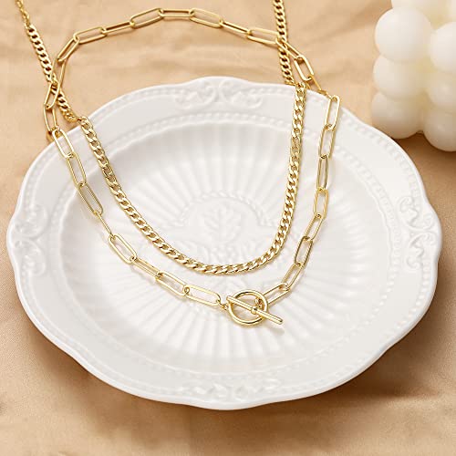 CHESKY Layered Necklaces for Women, 14K Gold Plated Chain Necklace Women Trendy Cuban Link Paperclip Chain Toggle Clasp Necklace Fashion Chunky Jewelry for Women - style: Toggle/Paperclip-GD