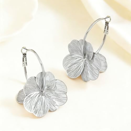 Gold Flower Statement Earrings for Women Boho Trendy Hoop Earrings Floral Dangle Petal Earring Prom Wedding Jewelry Gifts - color: A2:silver