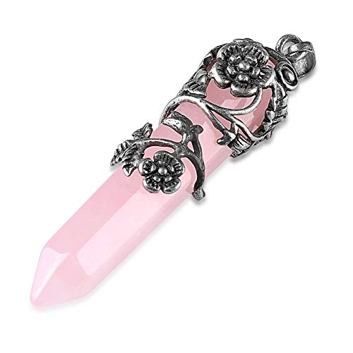 Top Plaza Antique Silver Flower Wrapped Natural Rose Quartz Healing Crystal Necklace Mothers Day Mom Gifts - color: Rose Quartz