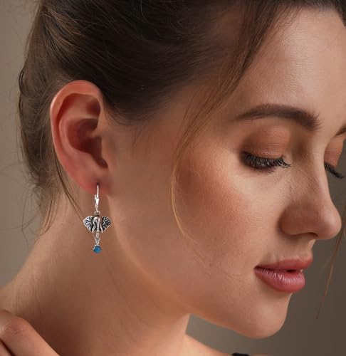 LeCalla 925 Sterling Silver Filigree Dangle Drop Leverback Earrings for Women | Long 925 Silver Dangle Leverback Earrings Hypoallergenic Filigree Tear drop Earrings Jewelry - style: Turquoise Elephant Drop-37mm
