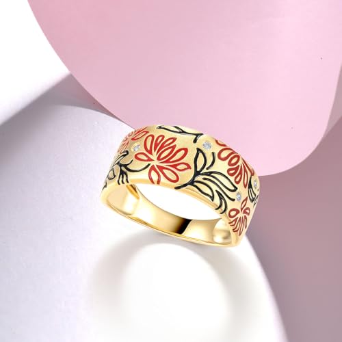 Santuzza 925 Sterling Silver Enamel Flower Pattern Ring for Women - color: Lotus-Red
