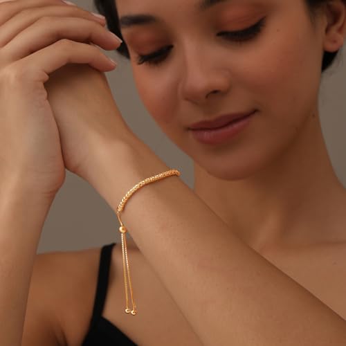 LeCalla 925 Sterling Silver Bolo Bracelet | Women's Italian Handmade Solid Adjustable Bolo Slider Bracelet | Lightweight Chain Bracelet Jewelry for Wife Girlfriend Her - color: Gold-Plated Popcorn