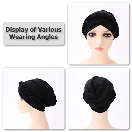 African Women Turban Caps Beanie Pre-Tied Twisted Braids Headwraps for Women Head Scarf Chemo Cancer Headwear Cap - color: 3 Pack Twisted Braid: Black/Dark Grey/Dark Brown