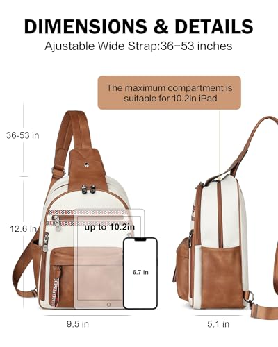 FADEON Large Sling Bag for Women, Leather Crossbody Purse Designer Anti Theft Sling Backpack, RFID Fanny Packs for Travel - color: Beige Brown