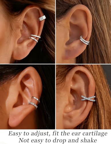 16Pcs Ear Cuff Earrings for Women Non Piercing Gold Silver Plated Ear Cuffs Non Pierced Clip on Cartilage Earring CZ Heart Flower Ears Wrap Fake Earrings Jewelry Set Lightweight Adjustable - color: Silver