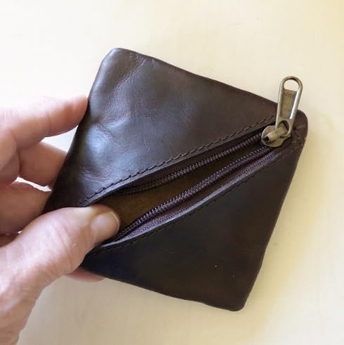 Leather Coin Pouch, Leather Zippered Change Holder, Compact Change Holder and Mini Pocket Wallet for Men & Women Handmade Purse Organizer (Brown)