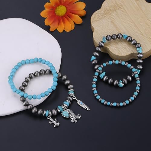 Western Outfit for Women Bohemian Vintage Stackable Turquoise Bracelet Rustic Beaded Cow Head Charm Stretch Bracelet Western Jewelry Country Concert Outfits for Women - style: Style4