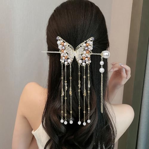 1 Piece Pearl Butterfly Hair Stick Vintage Tassel Hair Bun Holder Rhinestone Pearl Butterfly Hair Fork Hairpin Metal Ponytail Holder Hair Accessory for Women and Girls