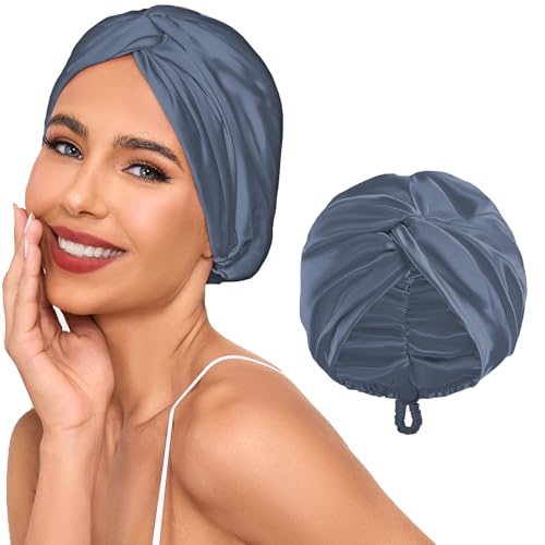Adjustable Silk Satin Hair Bonnet for Sleeping Women, Double Layer, Silk Hair Wrap for Sleeping Women Men, Curly Natural Braid Straight Unisex - Slate Blue - color: Slate Blue