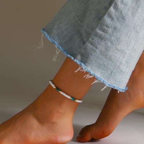 Natural Stone Beaded Anklets Bracelets for Women Handmade Beaded Anklet Bracelet Waterproof Boho Beads Ankle Bracelet Adjustable Summer Jewelry - color: white+blue