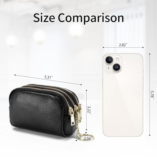 SENDEFN Small Coin Purse Leather 3 Zippered Change Pouch Wallet with Key Ring for Women - color: 1-Black