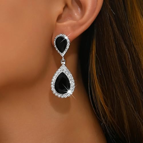 Bridal Statement Earrings for Women, Long Tassel Earrings Sparkling Rhinestones Crystals Earring Exaggerated Wedding Bridal Earrings Elegant Jewelry for Wedding Engagement Party - color: Black