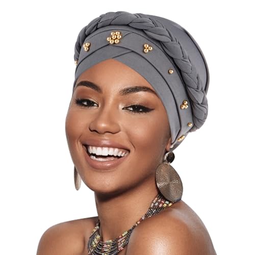 African Women Turban Caps Pre-Tied Twisted Turbans Head Scarf for Women Hair Wraps Cover Beanie Cancer Chemo Headwear - color: 1 Pack Twisted Braid A: Gold Bead Grey