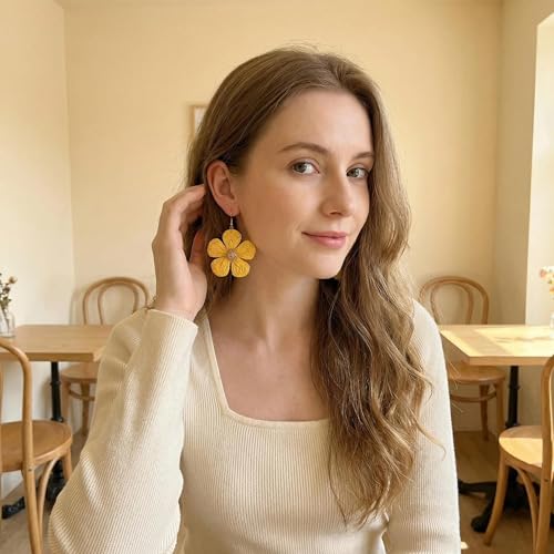 Woven Raffia Rattan Earrings for Women, Boho Flower Hoop & Drop Dangle Earrings Collection, Handmade Summer Beach Vacation Statement Earrings for Party Daily Wear - color: Yellow Flower Drop