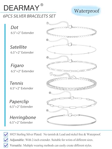 DEARMAY Sterling Silver Plated Bracelets Set for Women Waterproof, Non Tarnish Sterling Silver Link Chain Bracelets Pack Dainty, Fashion Jewelry Gifts for Everyday Comfortable - color: 6Pcs Silver Bracelets E