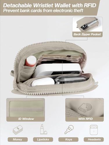 Tiostep Clip and Go Strap for Phone with Wallet Crossbody Phone Lanyard Adjustable and Detachable RFID Wristlet Wallet with ID Window and Zipper, Khaki - color: Khaki, size: Medium