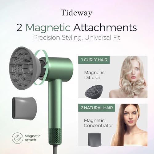 Tideway Hair Dryer Professional High-Speed Ionic Blow Dryer 110,000 RPM, Compact Hair Dryer with Magnetic Diffuser, Fast Drying with Brushless Motor Low Noise Smart Temperature Control-H11 - color: Green