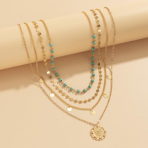 Boho Necklaces for Women Layered Turquoise Beaded Choker Necklace Western Jewelry for Women Sequin Coin Necklace Country Necklace Bohemian Boho Jewelry for Women Western Necklaces Summer Beach Necklace - style: Style A