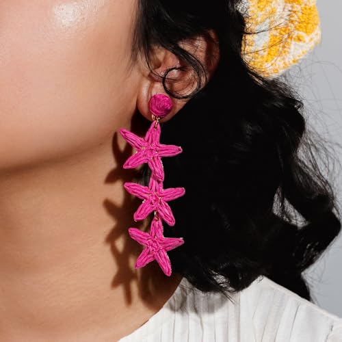Boho Raffia Earrings Starfish Shell Seashell Dangle Drop Earrings Cute Statemnet Trendy Jewelry Summer Beach Outfits for Women - color: Hot Pink, size: Seastar