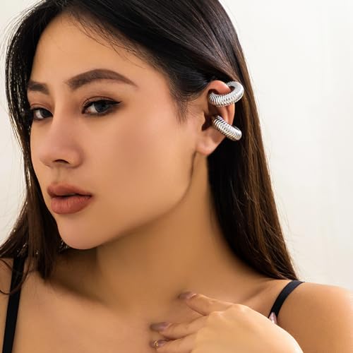 Gold Ear Cuff Earrings for Women Non Piercing 14K Gold Plated/Silver Cuff Clip On Cartilage Hoop Shining Cubic Zirconia Twisted Chain Ear Clip On Earring for Women Chunky Ear Cuffs Earrings - color: A-silver