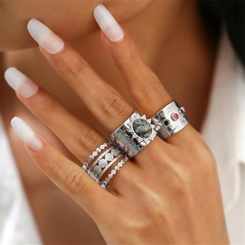 3Pcs Chunky Statement Ring Set for Women,Stackable Wide Band Rings Vintage Shiny Crystal Adjustable Finger Rings Statement Aesthetic Ring Pack - color: Silver