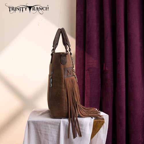 Trinity Ranch Crossbody Bags for Women Tooled Fringe Top Handle Handbags Vintage Western Purse - color: Brown