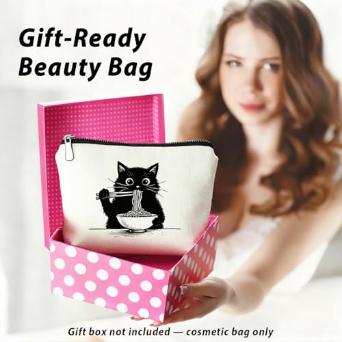 Black Cat Makeup Bag, Funny Black Kitty Eat Noodles Cosmetic Bags for Women, Cat Mom Lady Lover Gifts for Women, Pet Lovers Owners Gifts Zipper Makeup Pouch - color: 02-Cat(02)
