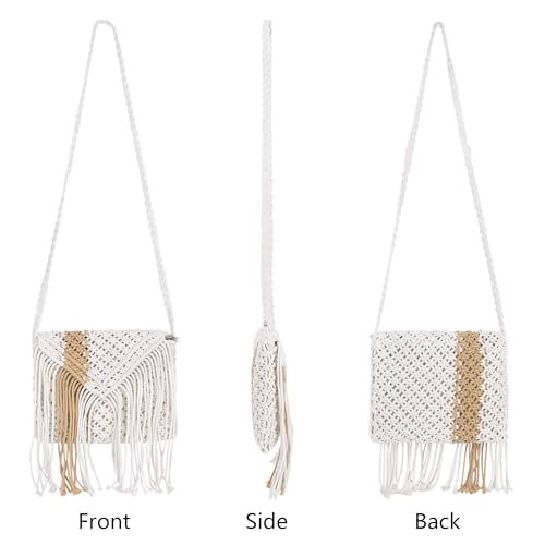 Goclothod Women Crochet Fringed Shoulder Bag Cotton Tassel Crossbody Bag Hippie Beach Purse - color: Stylish