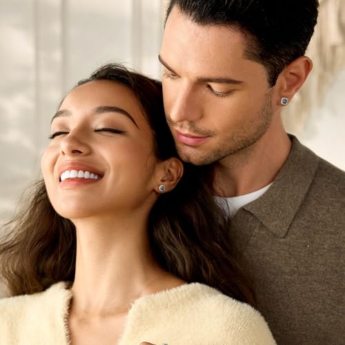 18K Gold Plated Halo Stud Earrings 925 Sterling Silver Cubic Zirconia Stud Earrings Round Square Diamonique Stud Earrings Set for Women Men - color: Silver&Black