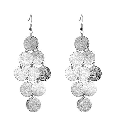 coadipress Layered Dangling Disc Earrings for Women Gold Plated Handmade Boho Lightweight Chandelier Dangle Drop Earring Layered Leaf Earrings Vintage Multiple Circle Teardrop Earrings Statement Earrings - style: Layered Silver Disc