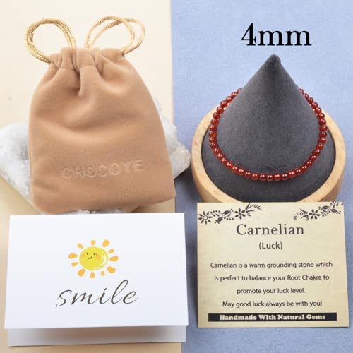 468Handmade Adjustable Natural Gemstone Crystal Bracelet Healing Power Energy Inspirational Gifts with Card for Unisex - color: 09-Carnelian(Luck), size: 4mm