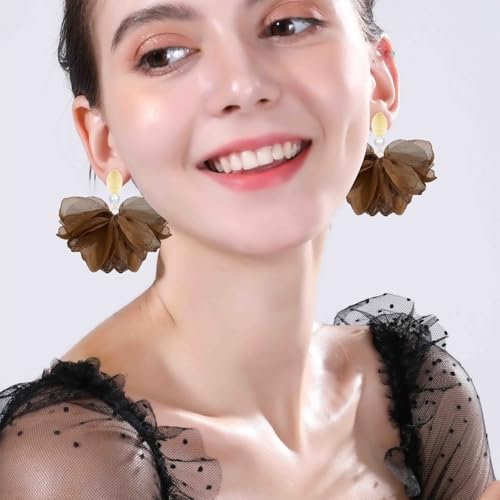 Handmade Fabric Flower Petal Fringe Dangle Drop Earrings Bohemian Floral Tassel Stud Earrings For Women - color: Brown