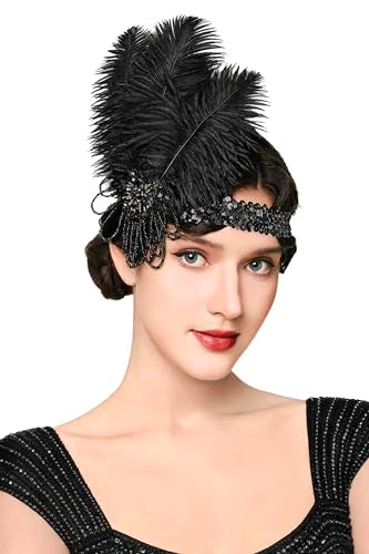 BABEYOND 1920s Feather Flapper Headband - Vintage Sequin Headpiece for Gatsby Party Roaring 20s Costume Accessories - color: Black