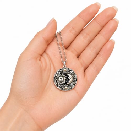 1pc Stunning Round Pendant Necklace - Unique Sun & Moon Pattern, Oil Painting Style Glass Mosaic, Alloy Construction, Trendy Sweater Chain, Fashionable Gift for Women - Christmas or Birthday Gift - color: Gray Moon (Silver)